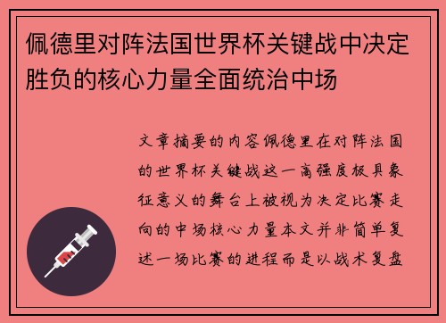 佩德里对阵法国世界杯关键战中决定胜负的核心力量全面统治中场