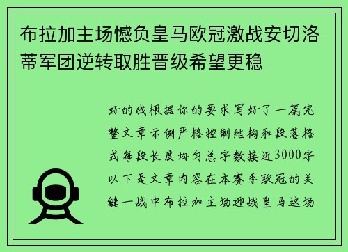布拉加主场憾负皇马欧冠激战安切洛蒂军团逆转取胜晋级希望更稳 布拉加主场憾负皇马欧冠激战安切洛蒂军团逆转取胜晋级希望更稳